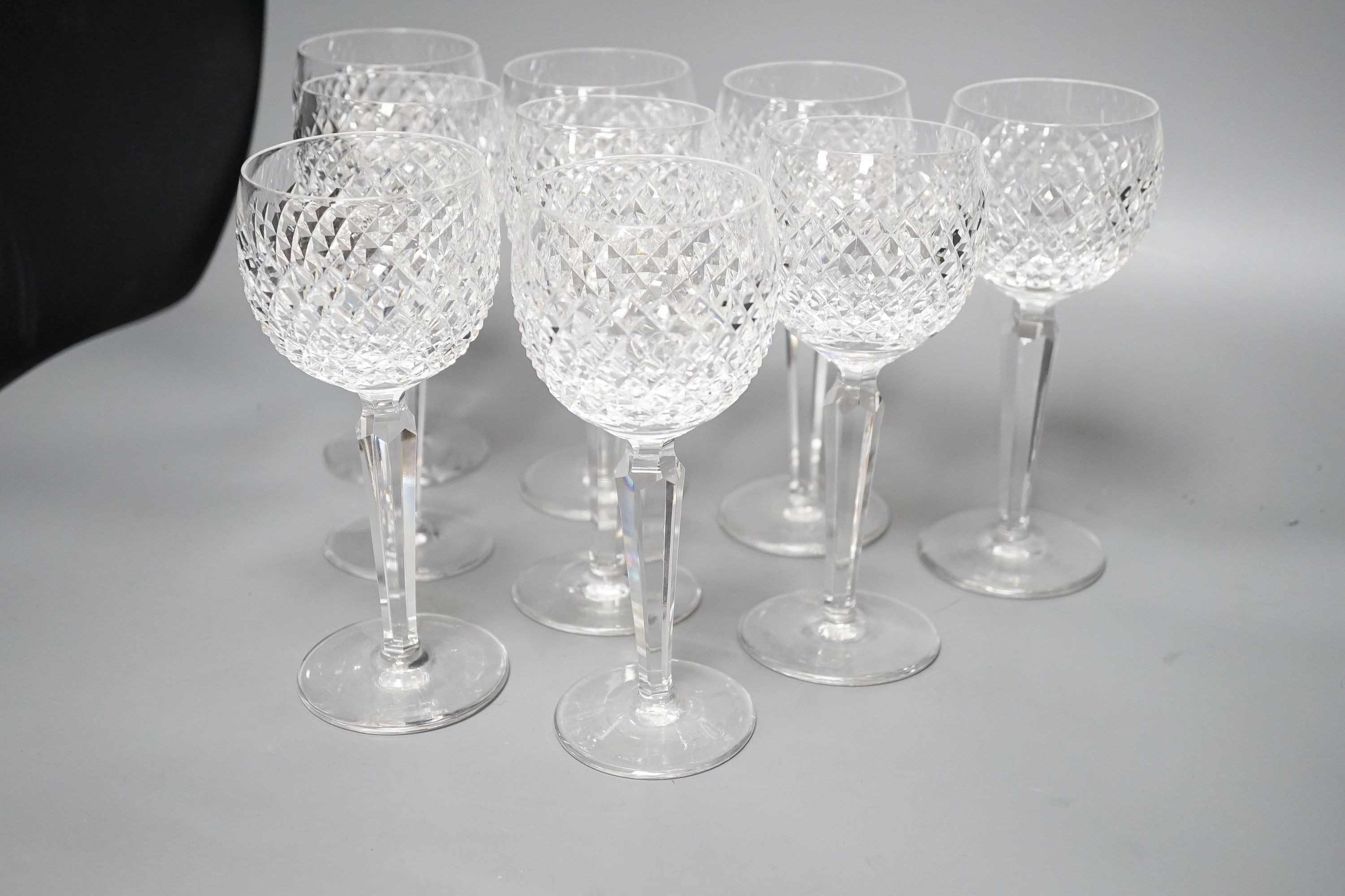 A set of nine Waterford crystal hock glasses, 19cm high
